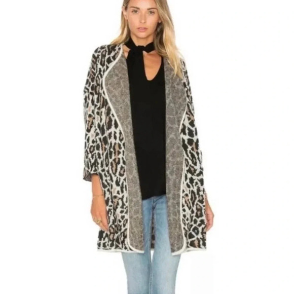 JOIE Berit Leopard-Print Jacquard Open-Front Jacket Cardigan Mohair Blend Size M - Picture 1 of 10